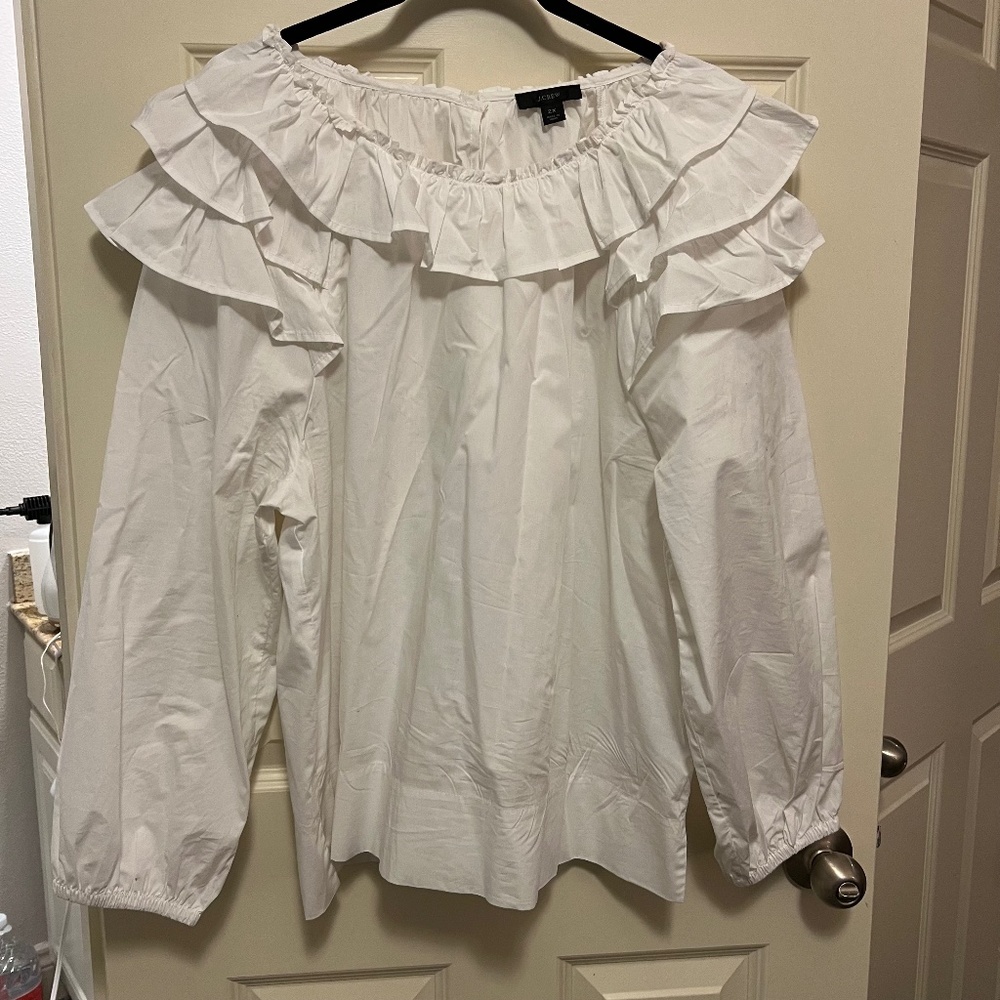 J. Crew White Ruffled Off-Shoulder Blouse